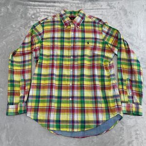 Ralph Lauren Shirt Men Large L‎ Yellow Plaid Logo Cotton Button Up Rockabilly